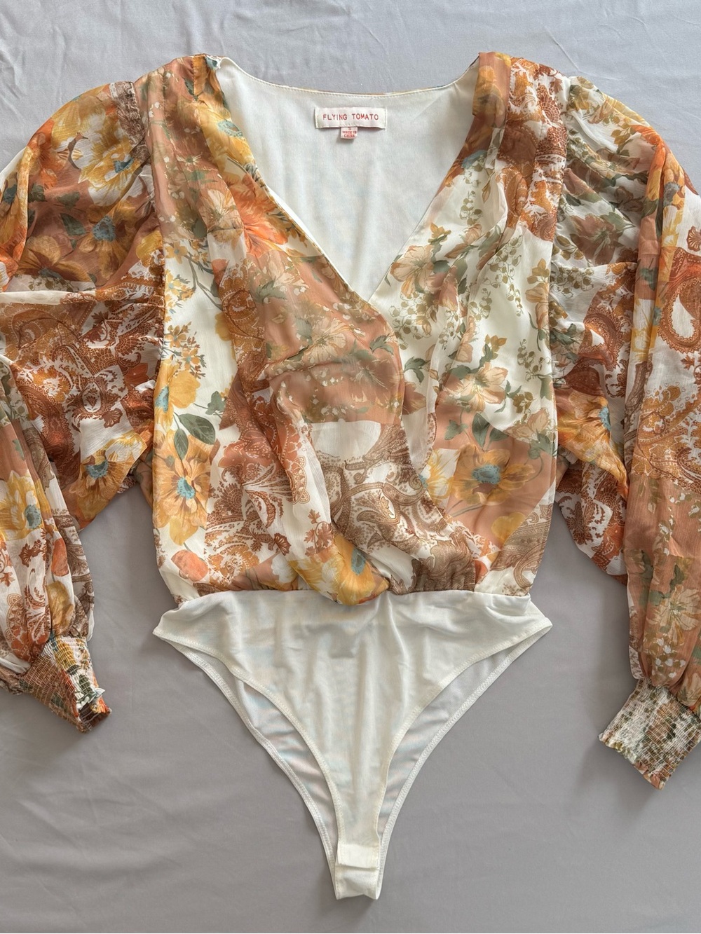 Flying Tomato Floral Sheer Long-Sleeve Bodysuit in Cream, Rust and Yellow